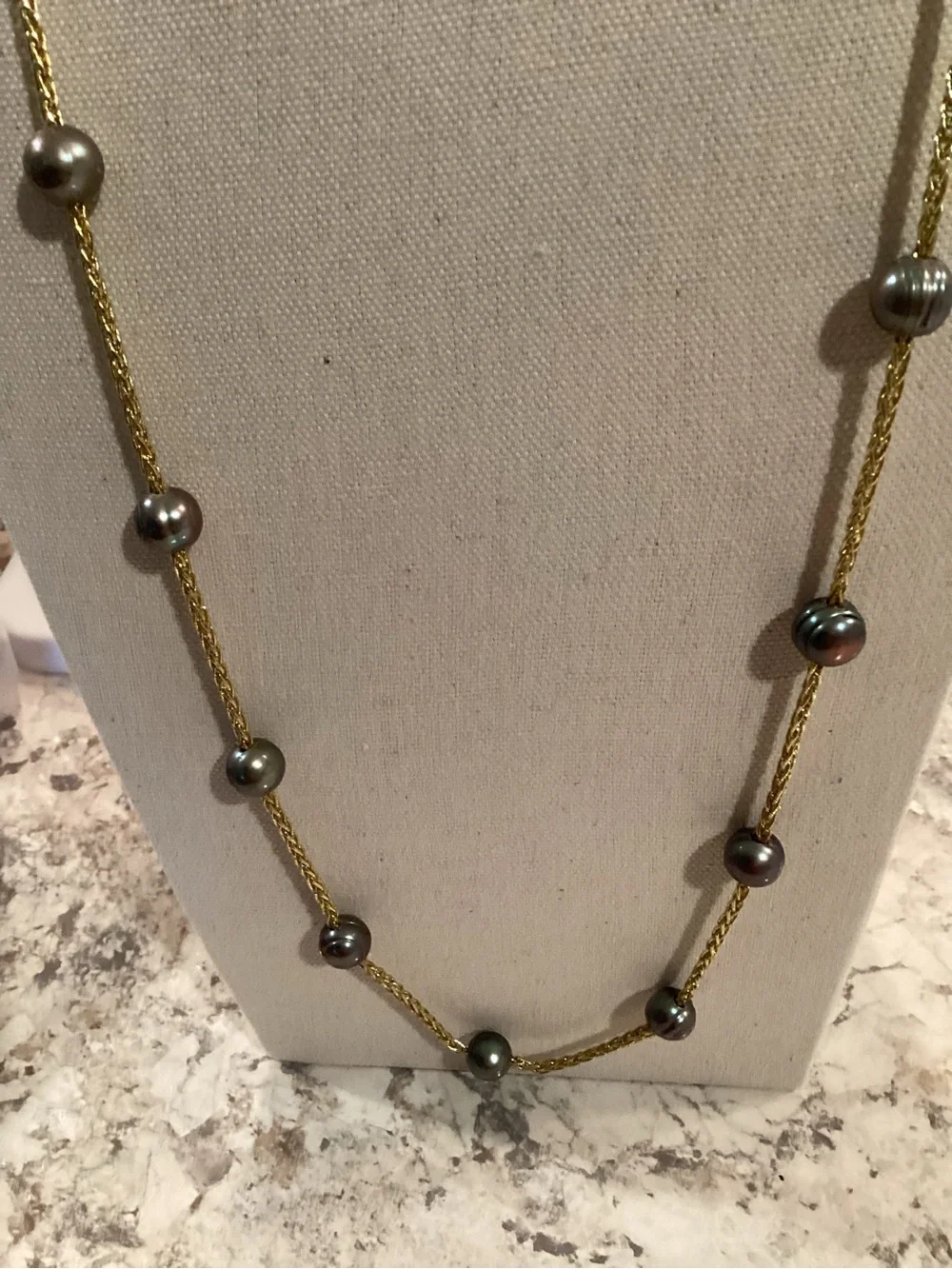 Gold Multi-Strand Necklace with Dark Gray Pearls